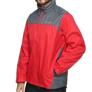 Columbia Collared Windbreaker Jacket w Hood, Red & Gray Colorblock, Sz L